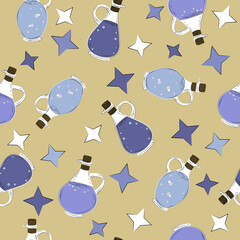 Seamless pattern with magic bottles. Cartoon magic bottles. Packaging pattern.