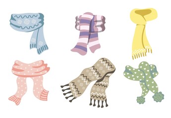 Colorful knitted winter scarves set. Cute hand drawn elements for winter design. Winter clothes. Vector illustration.