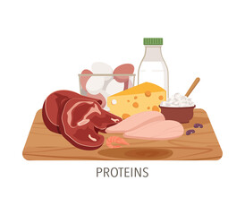 High protein food. Beef, egg, cheese, milk, cottage cheese, chicken fillet and beans. Set of healthy macronutrients provided by foods. Flat vector illustration of protein meal isolated on white.