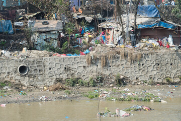 Kathmandu, Nepal,  April 20,2022 : Garbage and plastic pollution on the river bank in Kathmandu.