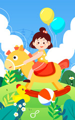 Obraz na płótnie Canvas Children day girl rides a wooden horse on the lawn with plants and clouds in the background, vector illustration