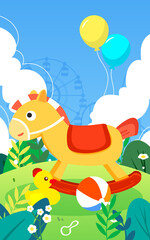 Children day girl rides a wooden horse on the lawn with plants and clouds in the background, vector illustration