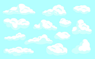 White cartoon clouds set on blue isolated