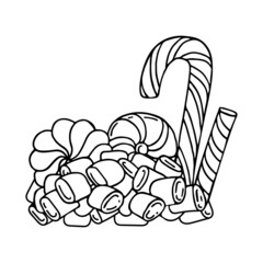 Coloring page of sweets. Holiday candy. Lollipop, caramel and marshmallow. Hand drawn vector doodles. Coloring book for children and adults. Black and white line art sketch.