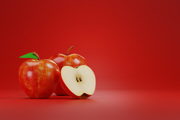 Apples on a Podium on Red Background. 3d illustration
