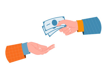 Pay for something, hand holds bills. Donation, charity or payday concept. Hand holding money bills. Retirement. Flat style design