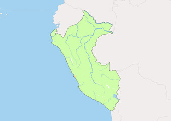 High detailed vector Peru physical map, topographic map of Peru on white with rivers, lakes and neighbouring countries. 