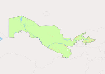 High detailed vector Uzbekistan physical map, topographic map of Uzbekistan on white with rivers, lakes and neighbouring countries. 