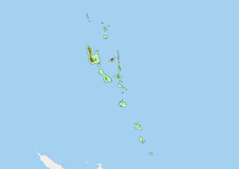 High detailed vector Vanuatu physical map, topographic map of Vanuatu on white with rivers, lakes and neighbouring countries. 