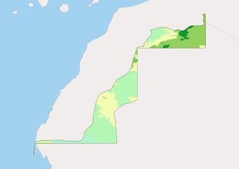 High detailed vector Western Sahara physical map, topographic map of Western Sahara on white with rivers, lakes and neighbouring countries. 