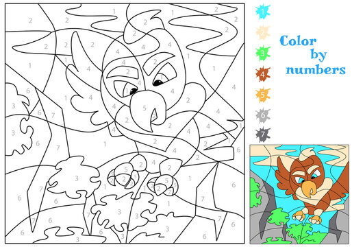 The eagle flies high in the mountains. Coloring by numbers. Coloring book. Educational puzzle game for kids.