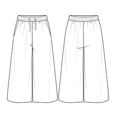 Women Wide Leg Pant, Flared Pant, Palazzo Pants with String Draw Front and Back View fashion illustration vector, CAD, technical drawing, flat drawing.	