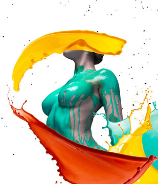 Contemporary art collage. Cropped female body covered with green pain isolated over white background with red and yellow splashes