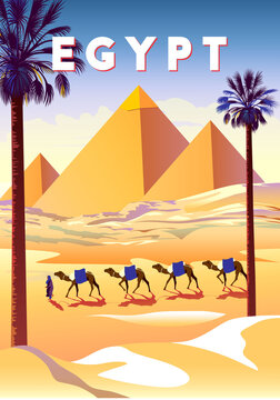 Egypt travel vintage poster with palms, camel caravan, dunes and pyramids in the background. Handmade drawing vector illustration.