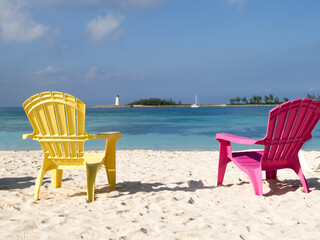 colorful chairs on the beach,bahamas caribbean 