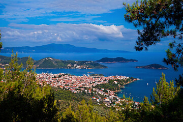 Fototapeta na wymiar Panoramic view of Skiathos town, Skiathos island, Northern Sporades, Magnessia, Thessaly, Greece.