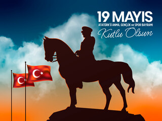 Turkish national holiday vector illustration. 19 Mayis Ataturk'u Anma, Genclik ve Spor Bayrami Kutlu Olsun. English: "May 19, Happy Commemoration of Ataturk, Youth and Sports Day.
