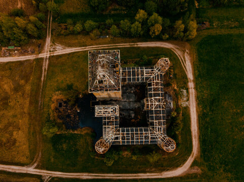 Aerial drone shot of the top-down view of modern ruin Castle Almere in the Netherlands