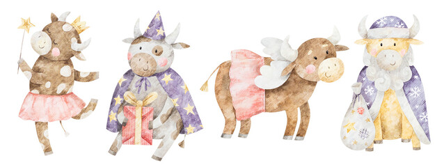 Watercolor illustrations of four cows in New Year fancy dresses. Hand drawn bulls with Christmas gifts