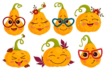 Funny pumpkins.Set of autumn characters.Cartoon vector graphics.
