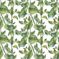 Seamless pattern with green leaves. Watercolor illustration on white background.