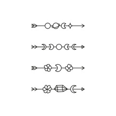 Boho arrows with crescent moon, hearts, flowers, crystal.