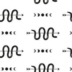 Boho seamless pattern with arrows, moon phases, snakes.