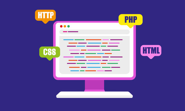 Web Development concept, programming and coding. Laptop with virtual screens on white background. Isometric vector illustration.