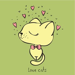 Vector card with cute cat and hand drawn text - Love cats