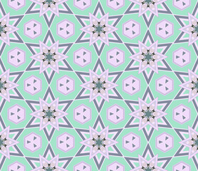 Fototapeta premium Hexagonal stars and hexagons create a pattern on a delicate green-blue background. Seamless texture. Vector illustration.