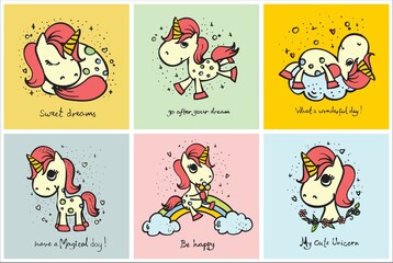 Set of 6 cute doodle magic unicorns for kid's greeting card design, t-shirt print, poster.