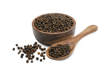 Black pepper seeds in wooden cup on white background, healthy food concept.
