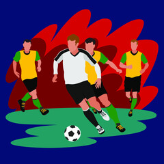 Footballers. Football game. Men play football. Colorful minimalistic illustration on the theme of football. Flat style illustration.