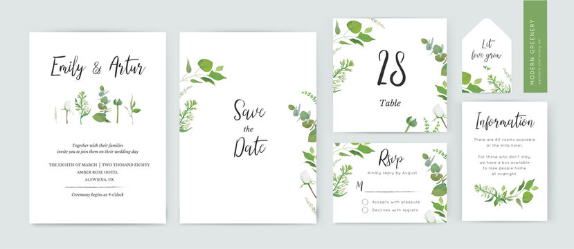 Spring floral minimalist wedding invite, save the date, rsvp, table number card design. Watercolor style white lilac flower, rose, eucalyptus branches, leaves editable, vector, botanical, illustration