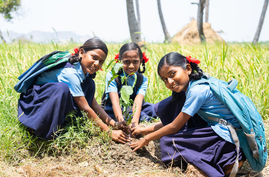 group of teener village school kids planting tree while looking at camera - concept of environmental conservation, volunteers and sustainable lifestyle
