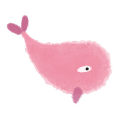 Vector Whale fish painted in pink watercolor with purple fin. Abstract illustration of the underwater world hand drawn.