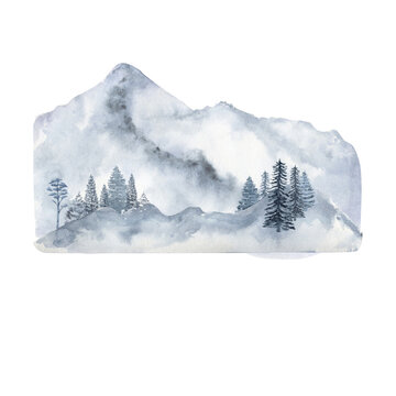 Winter forest and mountains, watercolor clipart on a white background. Watercolor illustration