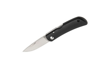 Pocket folding knife isolate on white back. Compact metal sharp knife with a folding blade.