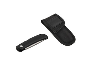 Pocket folding knife isolate on white back. Compact metal sharp knife with a folding blade.
