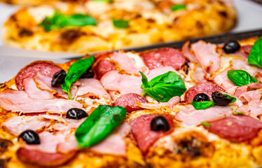 flatbread Pepperoni Pizza with Mozzarella cheese, salami, ham, Tomato sauce, pepper