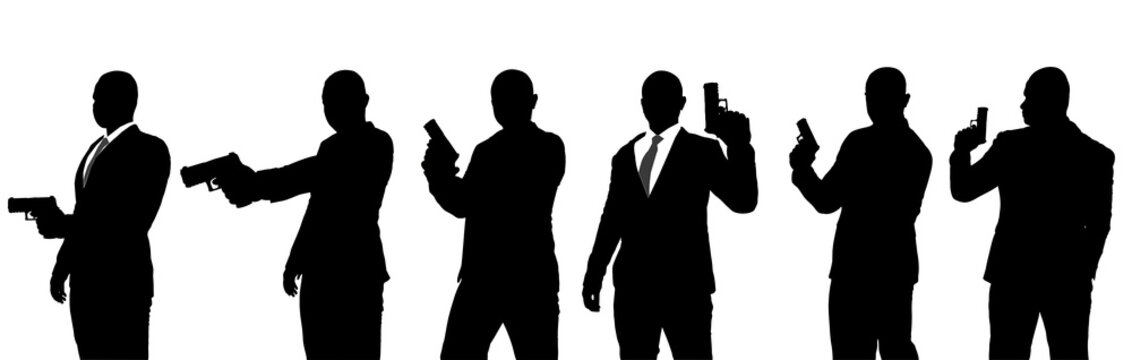 Set of silhouettes of hand gun man on white background,spy or criminal holding, pointing and aiming hand gun in different poses.
