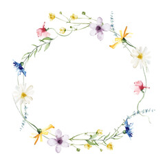 Obraz na płótnie Canvas Watercolor painted floral wreath on white background. Yellow, blue, white and pink wild flowers. Vector illustration.