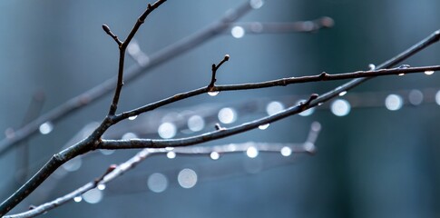 water drops on tree branches in early spring on a rainy day