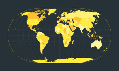 World Map. Natural Earth II projection. Futuristic world illustration for your infographic. Bright yellow country colors. Creative vector illustration.