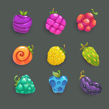 Funny cartoon colorful fantasy fruits and berries
