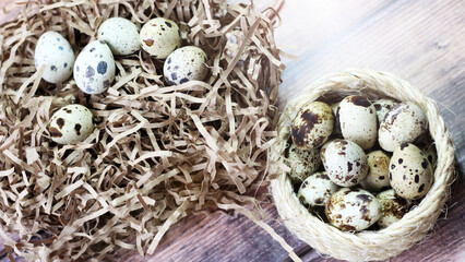 Obraz premium Quail eggs and a wicker nest