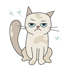 Unhappy sad cat. Funny displeased angry gray cat. Cat in flat style. Pet gray color vector illustration isolated for design. Doodle style.