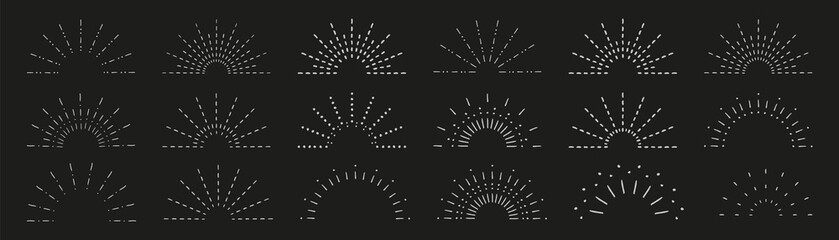 Sunburst set. Vintage sunrise collection.  Vector light rays elements on black background. Vector Illustration 