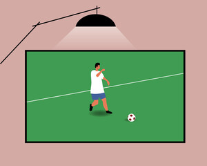 Football broadcast on TV screen, flat vector stock illustration with live broadcast of sports match with football player on green field