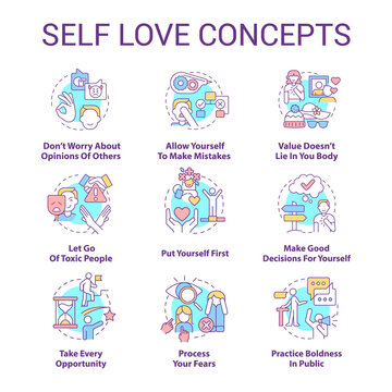 Self Love Concept Icons Set. Care About Personal Mental Wellness Idea Thin Line Color Illustrations. Leaving Toxic People. Isolated Symbols. Editable Stroke. Roboto-Medium, Myriad Pro-Bold Fonts Used